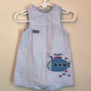 Little Me boy 9m nautical blue and white overalls